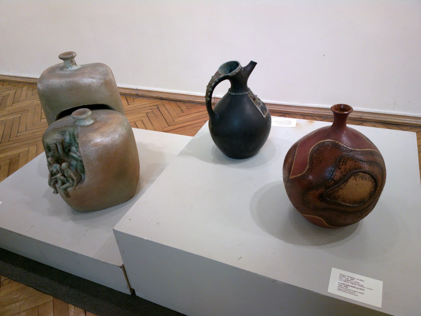 Ceramic artworks on pedestals in the Batumi Art Museum