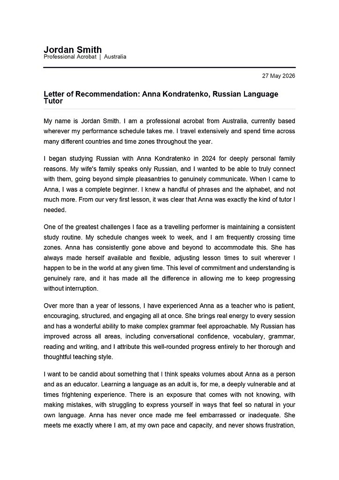 Letter of recommendation — Jordan Smith