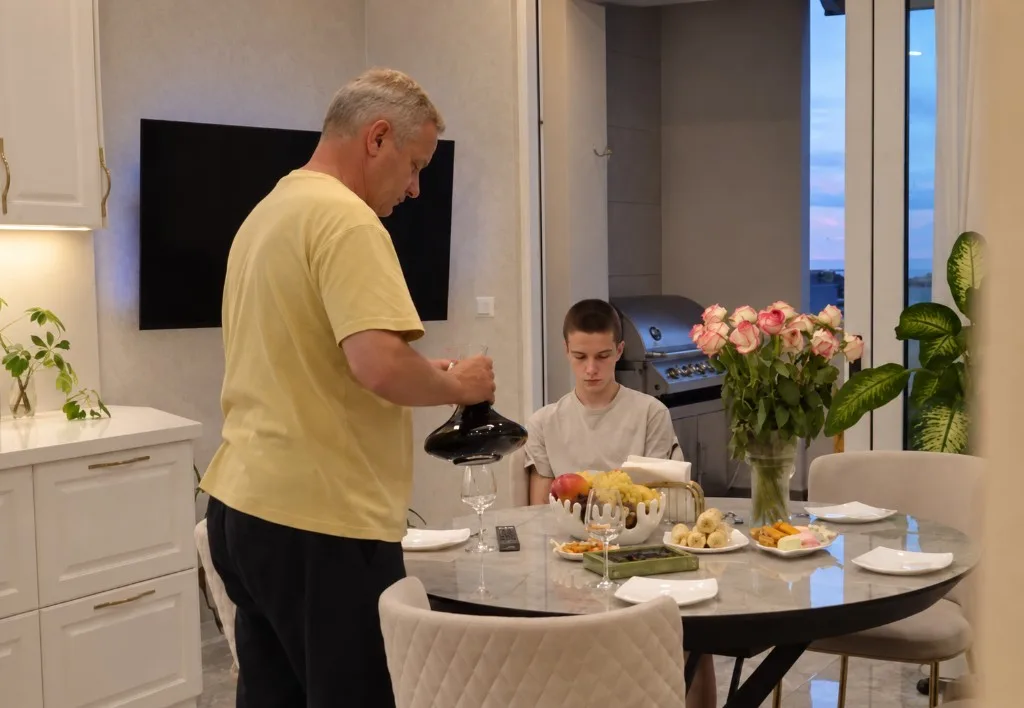 A host pours wine while a guest sits at the set table