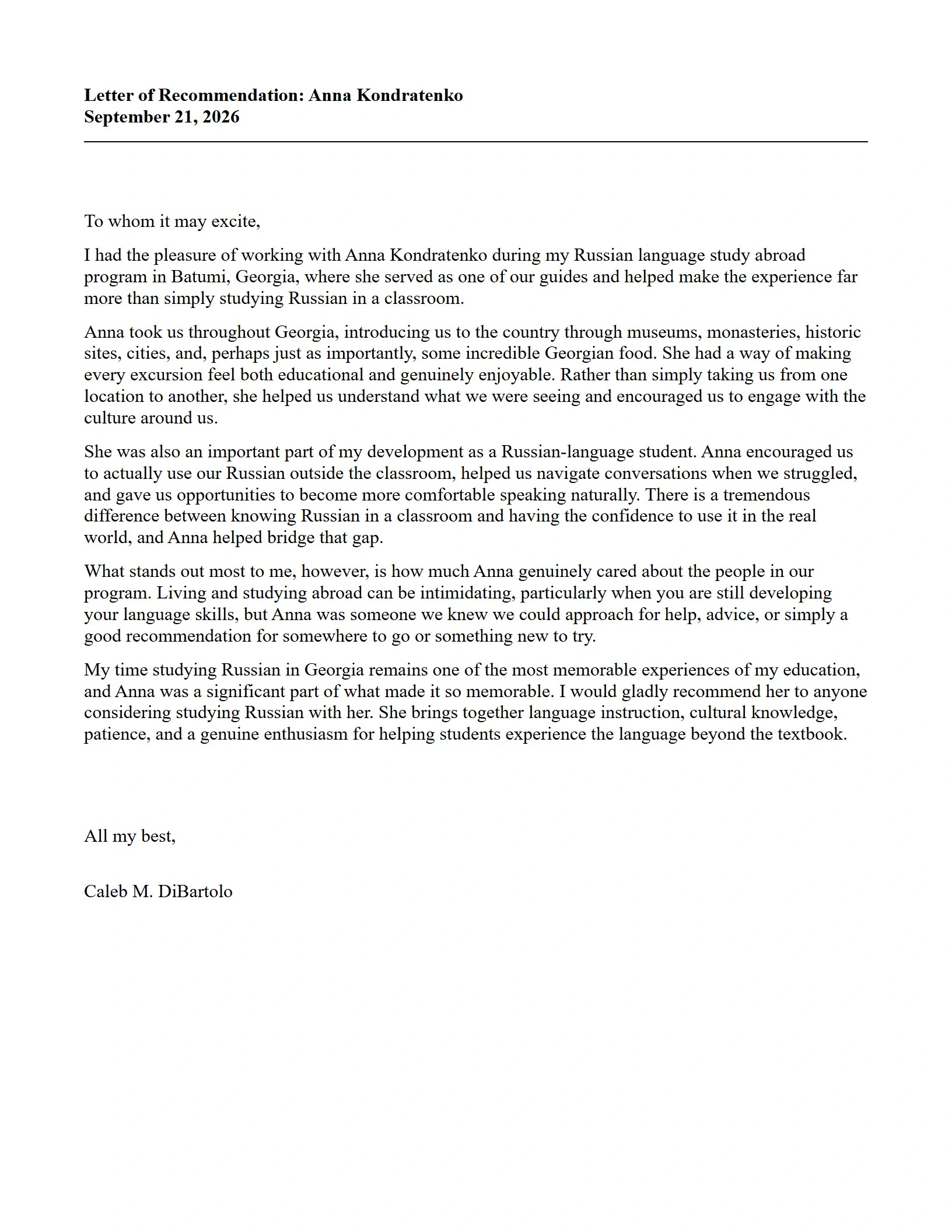 Letter of recommendation — Caleb DiBartolo