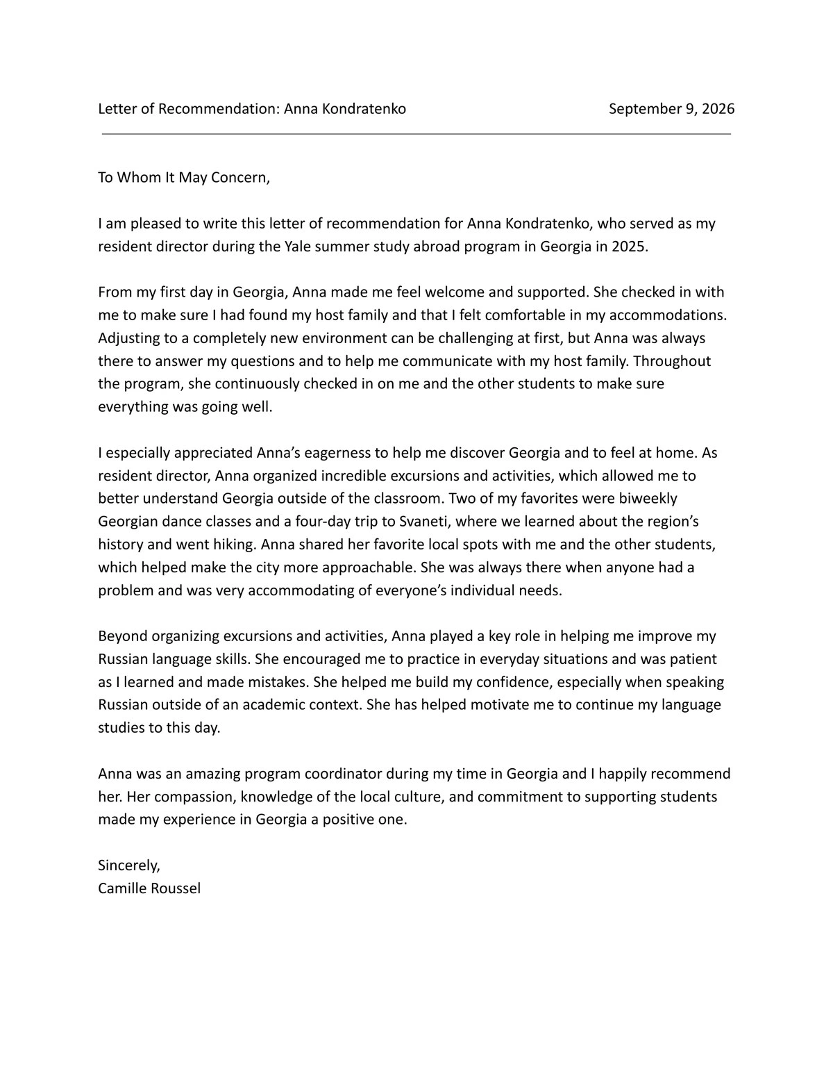 Letter of recommendation — Camille Roussel