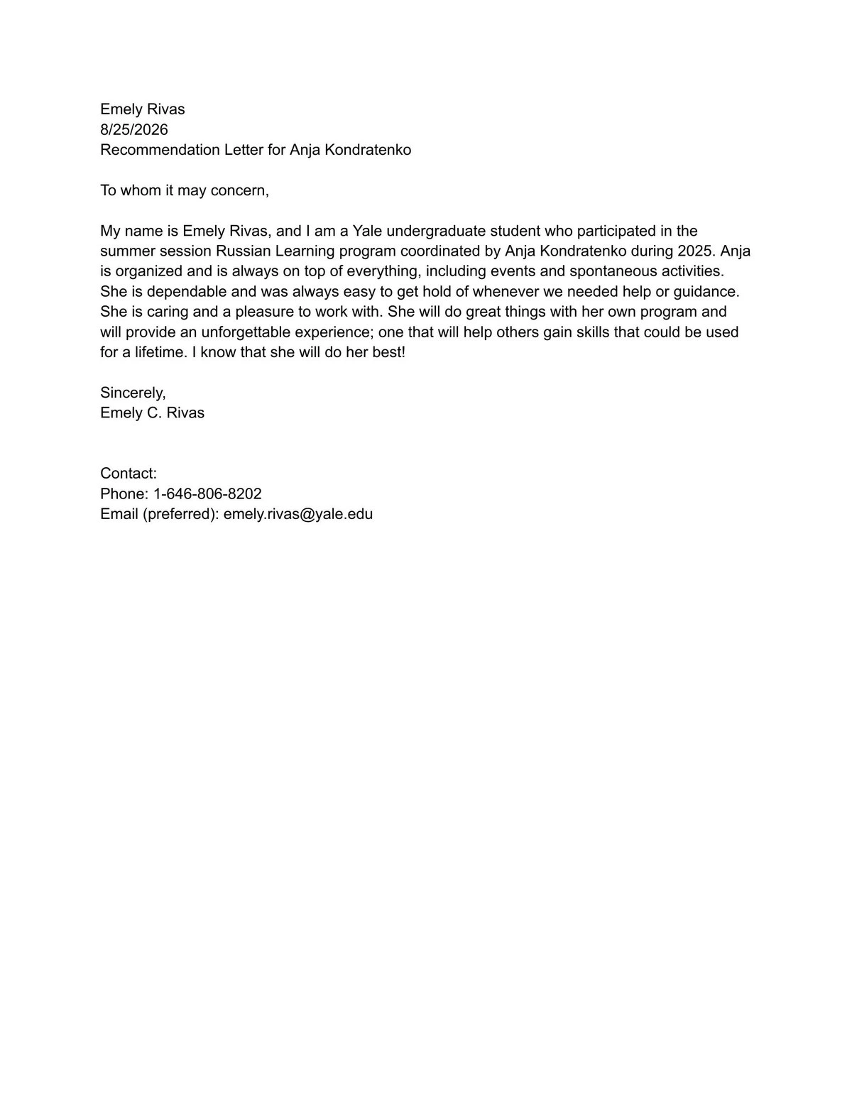 Letter of recommendation — Emely C. Rivas